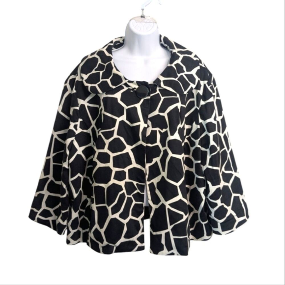 Sandro Black White Giraffe Animal Print One Button Jacket Blazer 3/4 Sleeve 1X